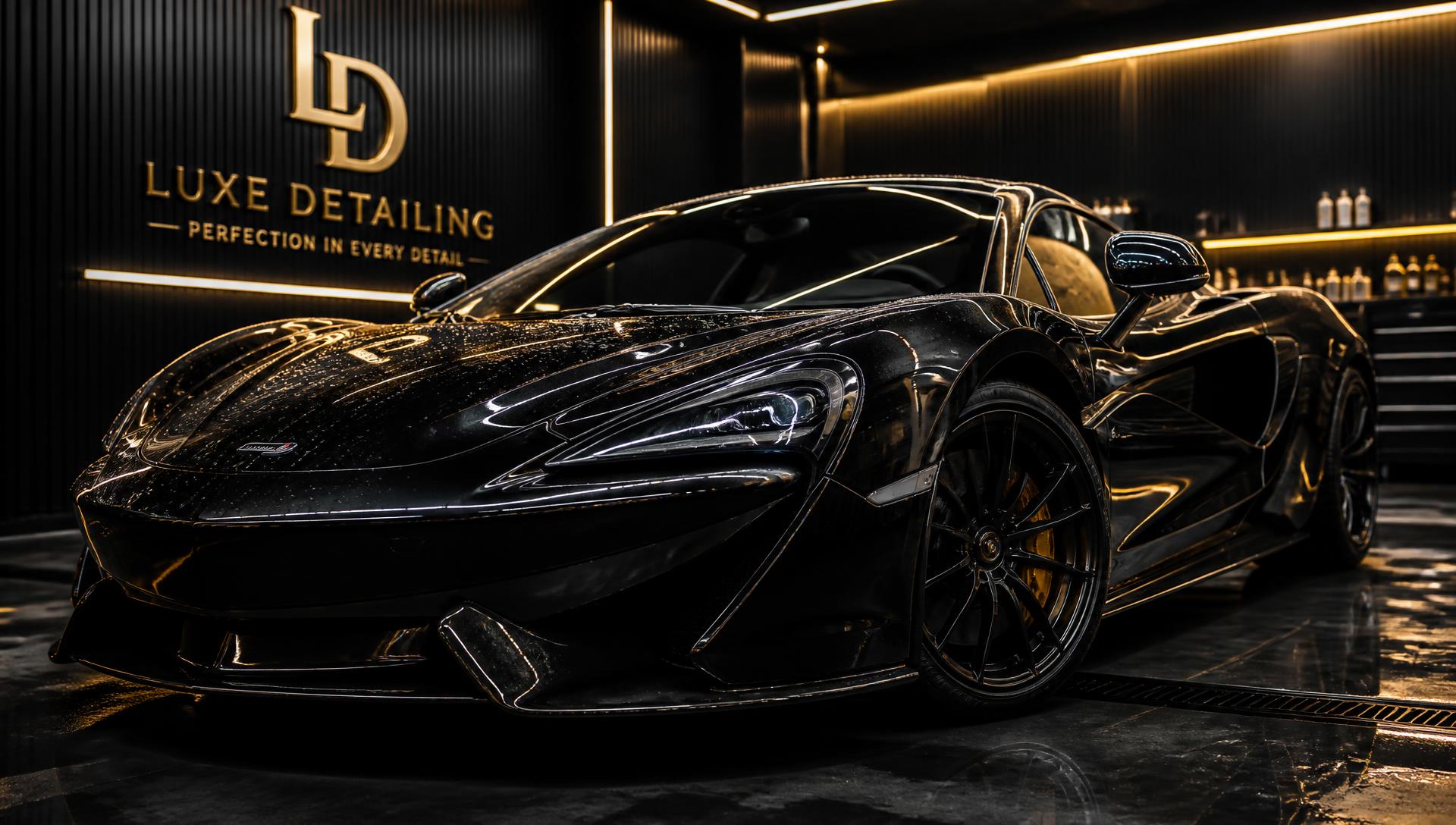 Carro esportivo preto em estúdio de estética automotiva premium